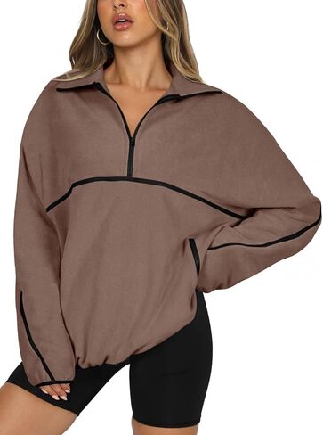 LASLULU Womens Half Zip Pullover Sweatshirt Sherpa Fleece Jacket Oversized Sweatshirts Warm Fuzzy Sweaters Pockets in Kuwait