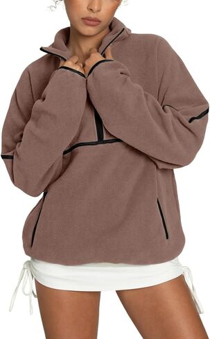 LASLULU Womens Half Zip Pullover Sweatshirt Sherpa Fleece Jacket Oversized Sweatshirts Warm Fuzzy Sweaters Pockets in Kuwait