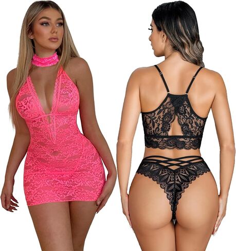 Avidlove Lace Lingerie Sets with Panty(Black and Hot Pink, S) in Saudi Arabia