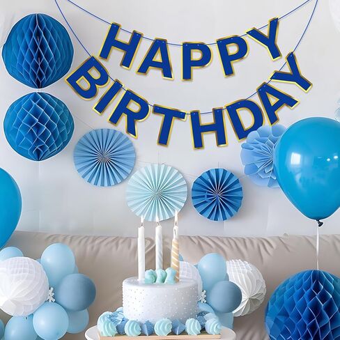 Navy Blue Happy Birthday Banner Sign, Golden Border Happy Birthday Bunting Banner Flag Garland for Kids Boys Baby Birthday Party Decorations Supplies in Kuwait