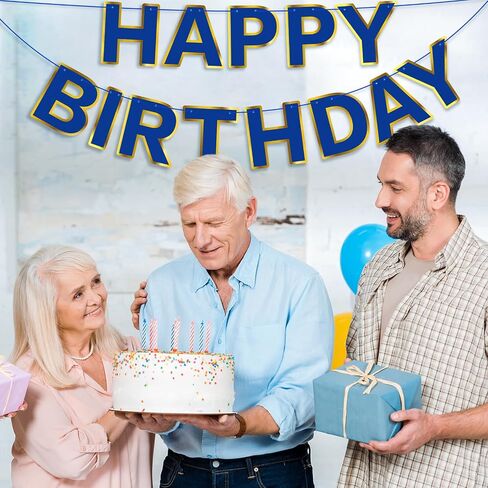 Navy Blue Happy Birthday Banner Sign, Golden Border Happy Birthday Bunting Banner Flag Garland for Kids Boys Baby Birthday Party Decorations Supplies in Kuwait