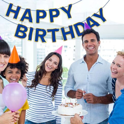 Navy Blue Happy Birthday Banner Sign, Golden Border Happy Birthday Bunting Banner Flag Garland for Kids Boys Baby Birthday Party Decorations Supplies in Kuwait
