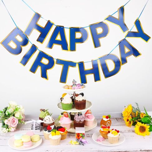 Navy Blue Happy Birthday Banner Sign, Golden Border Happy Birthday Bunting Banner Flag Garland for Kids Boys Baby Birthday Party Decorations Supplies in Kuwait