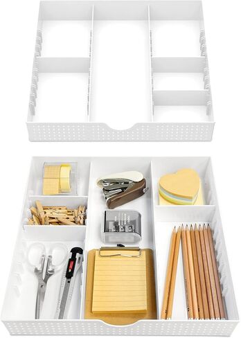 CAXXA 3 Slot Drawer Organizer with 4 Adjustable Dividers - 7 Compartments Junk Drawer Storage for Makeup & Vanity, Office Desk Supplies and Accessories, BLACK (2 pack) in Saudi Arabia