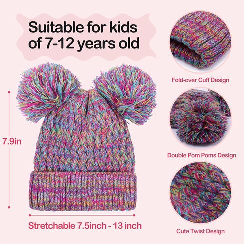 Kids Winter Hat Warm Knitted Beanies with Double Pom Pom Thick Ski Cap for Boys Girls 7-12 Years in Saudi Arabia