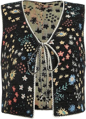 GORGLITTER Women's Plus Size Crochet Embroidered Vest Tie Front Vintage Floral Sleeveless Boho Vest Tops in Saudi Arabia