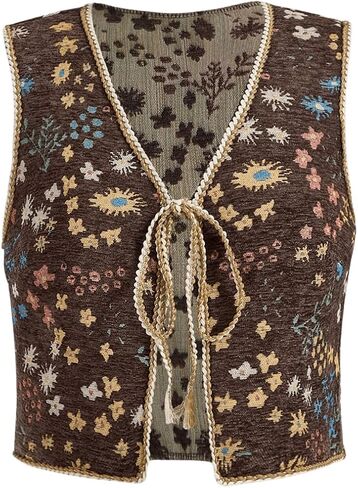 GORGLITTER Women's Plus Size Crochet Embroidered Vest Tie Front Vintage Floral Sleeveless Boho Vest Tops in Saudi Arabia