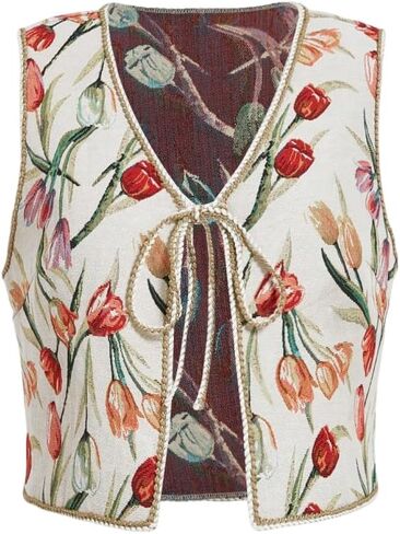 GORGLITTER Women's Plus Size Crochet Embroidered Vest Tie Front Vintage Floral Sleeveless Boho Vest Tops in Saudi Arabia
