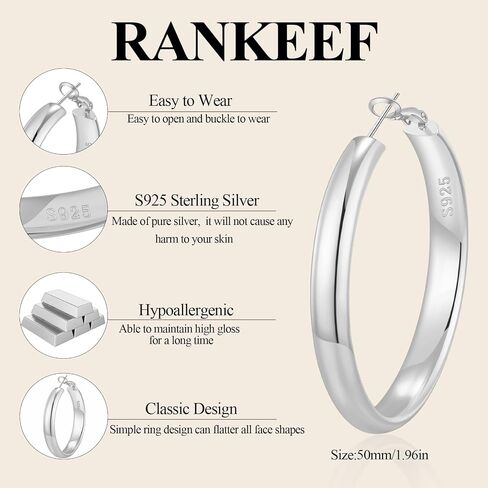 RANKEEF 5MM أقراط هوب واسعة للنساء أقراط الذهب هوب هيبوالرجينيك كبيرة أقراط الفضة الاسترليني الأطواق خفيفة الوزن الذهب والفضة الأطواق أقراط للنساء (40/50/60/70 مم) in Saudi Arabia