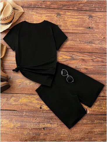 MakeMeChic Women's 2 Piece Outfits Hollow Out Short Sleeve Tee Shirt and Shorts Set in Saudi Arabia