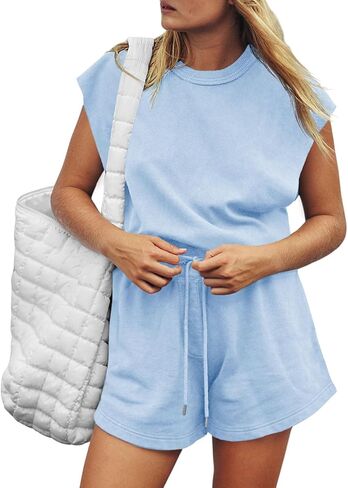 Tongmingyun Womens Casual Summer Romper Loose Cap Sleeve Open Back Drawstring Workout Short Jumpsuits in Saudi Arabia