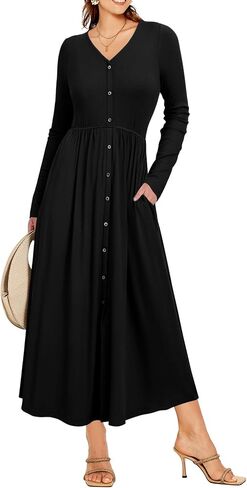 Glamaker Women's Long Sleeve Fall Dress 2024 Casual V Neck Ribbed Knit Button Down Maxi Dress Wedding Guest Dresses Pockets in Kuwait