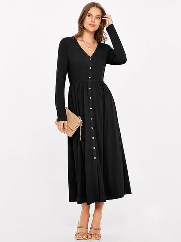 Glamaker Women's Long Sleeve Fall Dress 2024 Casual V Neck Ribbed Knit Button Down Maxi Dress Wedding Guest Dresses Pockets in Kuwait