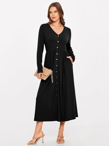 Glamaker Women's Long Sleeve Fall Dress 2024 Casual V Neck Ribbed Knit Button Down Maxi Dress Wedding Guest Dresses Pockets in Kuwait