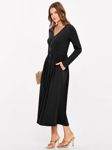 Glamaker Women's Long Sleeve Fall Dress 2024 Casual V Neck Ribbed Knit Button Down Maxi Dress Wedding Guest Dresses Pockets in Kuwait