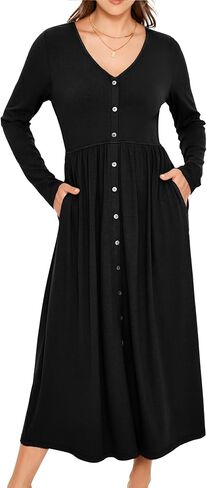 Glamaker Women's Long Sleeve Fall Dress 2024 Casual V Neck Ribbed Knit Button Down Maxi Dress Wedding Guest Dresses Pockets in Kuwait