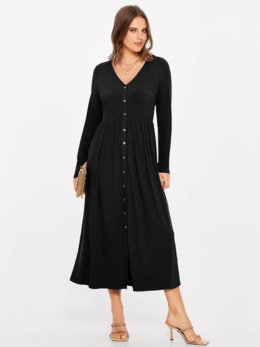 Glamaker Women's Long Sleeve Fall Dress 2024 Casual V Neck Ribbed Knit Button Down Maxi Dress Wedding Guest Dresses Pockets in Kuwait