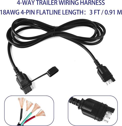 4 Pin Trailer Wiring Harness 3FT, 18 AWG 4 Way Flat Trailer Wiring Extension Connector Harness Vehicle Side Trailer Side 4 Prong Trailer Light Plug Trailer Hitch Wire Extension in Saudi Arabia