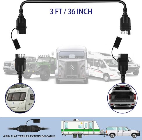 4 Pin Trailer Wiring Harness 3FT, 18 AWG 4 Way Flat Trailer Wiring Extension Connector Harness Vehicle Side Trailer Side 4 Prong Trailer Light Plug Trailer Hitch Wire Extension in Saudi Arabia