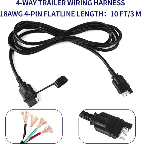 4 Pin Trailer Wiring Harness 3FT, 18 AWG 4 Way Flat Trailer Wiring Extension Connector Harness Vehicle Side Trailer Side 4 Prong Trailer Light Plug Trailer Hitch Wire Extension in Saudi Arabia