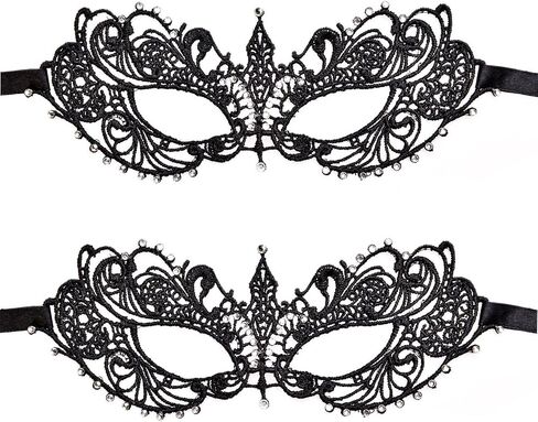 2 Pieces Women's Masquerade Mask Lace Eye Mask with Fake Gemstone Decor for Ball Proms and Halloween Party in Saudi Arabia