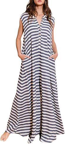 Women Casual Striped Sleeveless Tank Jumpsuits Color Block Wide Leg Romper Comfy Button Down Rompers in Saudi Arabia