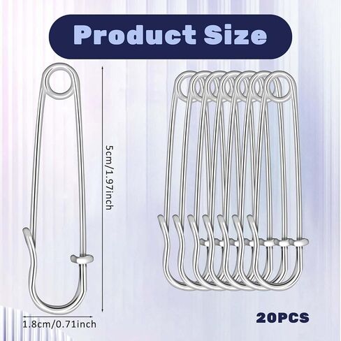 cobee 20 Pcs Large Safety Pins for Clothes, 2 Inch Heavy Duty Safety Pins for Thick Fabric, Metal Safety Pins for Crocheting Clothing Tag DIY Craft (Silver) in Kuwait