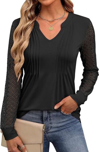ANRABESS Women Long Sleeve Shirts V Neck Pleated Tunic Top Business Dressy Casual Blouse 2024 Fall Fashion Outfits in Saudi Arabia