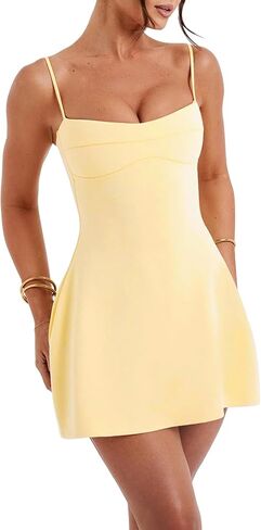 SHESEEWORLD Women's Sexy Spaghetti Strap A-Line Y2k Sleeveless Zipper Back Double-Layer Flowy Short Dress in Saudi Arabia