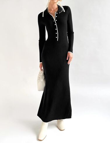 ZESICA Women's Long Sleeve Sweater Dress 2024 Fall V Neck Ribbed Knit Casual Formal Cocktail Bodycon Maxi Dresses in Saudi Arabia