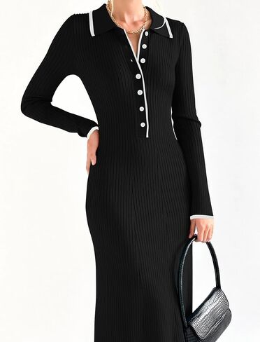 ZESICA Women's Long Sleeve Sweater Dress 2024 Fall V Neck Ribbed Knit Casual Formal Cocktail Bodycon Maxi Dresses in Saudi Arabia