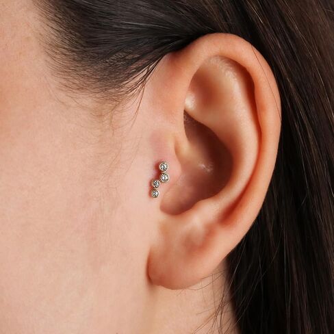 Climber Labret Cartilage Piercing Earring With Zircons - 14K Solid Yellow Gold - For Helix Tragus Lobe Conch Flat & Other Body Piercing BY KORAL JEWELRY in Saudi Arabia