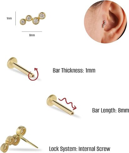 Climber Labret Cartilage Piercing Earring With Zircons - 14K Solid Yellow Gold - For Helix Tragus Lobe Conch Flat & Other Body Piercing BY KORAL JEWELRY in Saudi Arabia