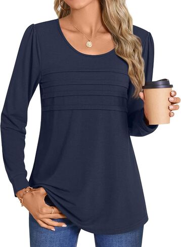 Anydoll Womens Long Sleeve Tops Fall Fashion Causal Blouse Dressy Shirts Trendy Pleated Tunic for Legging in Kuwait