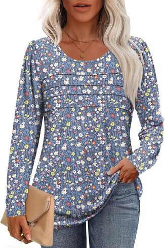 Anydoll Womens Long Sleeve Tops Fall Fashion Causal Blouse Dressy Shirts Trendy Pleated Tunic for Legging in Kuwait