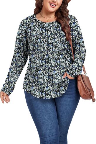 Women's Plus Size Shirts Long Sleeve Dressy Casual Tops Blouses Fashion Pleated Tunics in Saudi Arabia