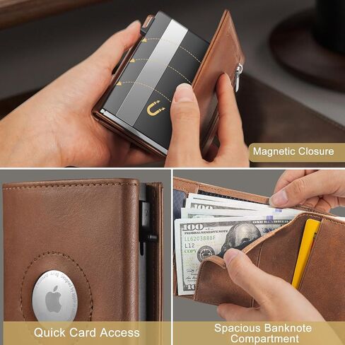 محفظة للرجال مع جيب للعملات المعدنية وحماية RFID - محفظة للرجال مع إغلاق مغناطيسي وآلية منبثقة - محفظة حامل بطاقات للرجال والنساء (بطاقة AirTag غير متضمنة) in Saudi Arabia