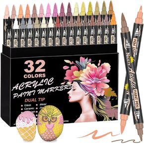 NICETY 32 Acrylic Paint Markers Paint Pens Skin Tone Series Set Brush Tip & Fine Tip for Rock Painting, Wood, Canvas, Glass, Mugs, Metal, DIY Projects(Skin)