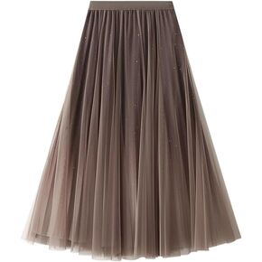 Women's Midi Skirt Tulle Skirt Layered Sequin Pleated Skirt High Waist Gradient Skirt