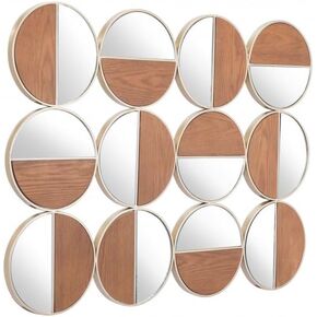 HomeRoots Set of 12 Round Gold and Walnut Finish Wall Mirrors