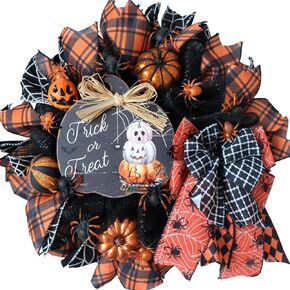 16inch Halloween Mesh Orange Striped Wreath Pumpkin Spider Wooden Wreath Front Porch Patio Decoration Wreath Festive Celebration Party Decoration Wreath