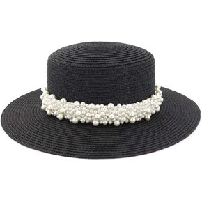 Womens Flat Top Straw Hat Wide Brim Floppy Fedora Summer Beach Sun Hat Sunshade Ladies Sun Hat