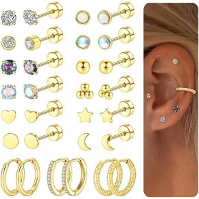 15 Pairs Dainty Gold Surgical Steel Flat Back Earrings for Women Hypoallergenic 14K Gold Flatback Stud Earrings 20G Cartilage Earring Set for Multiple Piercing Earring Stacks