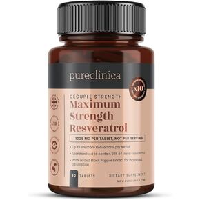 pureclinica 1000mg Resveratrol x 180 Tablets (2 Bottles of 90 Tablets Each - 6 Months Supply). 10 x Strength and with Black Pepper Extract for Faster Absorption