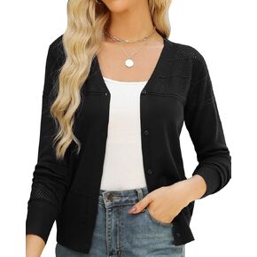 Women's Cropped Cardigan Sweaters Long Sleeve V-Neck Button Down Lightweight Sweaters Hollowed-Out Knit Tops