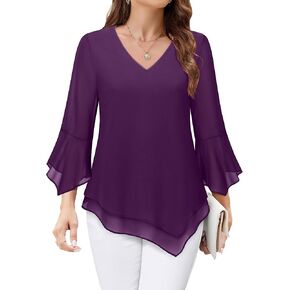Furnex Blouses for Women Dressy Casual 3/4 Ruffle Sleeve V Neck Chiffon Double Layers Business Casual Tops for Women