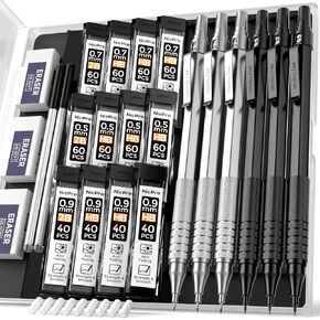 Nicpro 0.5 & 0.7 & 0.9 mm Metal Mechanical Pencil Set with Case, 6PCS MP1000 Artist Lead Pencil with 12 Tubes HB & 2B Lead Refills, 3 Erasers For Architect Art Writing Drafting Sketching Drawing