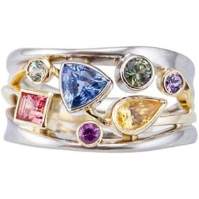 Colorful Zircon Geometric Ring Women's Rainbow Gem Cubic Zirconia Ring Multi Row Shiny Full Diamond Ring Hip Hop Ring（Size 10）
