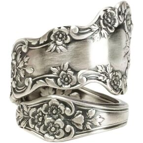 Vintage Flower Ring for Women Thai Ancient Silver Ring,Wide Thumb Ring Boho Floral Statement Ring Floral Pattern Signet Wrap Band Rings（8）