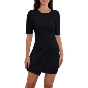 Half Sleeve Sheath Dress Crew Neck Knee Length Ruched Wrap Lined Pencil Women Dress for Work Office Business Church